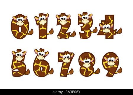 Personaggi divertenti Giraffe Numbers, figure 0-9. Cartone animato di numeri con un concetto di animale. Calligrafia, lettere, tipografia per le schede didattiche o. Illustrazione Vettoriale