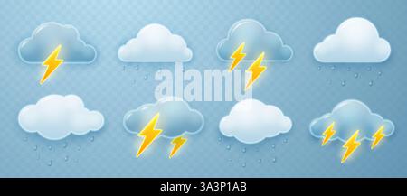 Set di icone meteo 3d isolate su sfondo blu. Nuvole chiare e scure con gocce di pioggia e fulmini temporali. Illustrazione vettoriale. Illustrazione Vettoriale