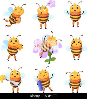 Personaggi delle api mellifere. Mascotte di api cartoni animati, adorabile vespa di api volanti personaggi carini con espressioni di faccia felice set di serie per bambini insetti animali, illustrazioni vettoriali pulite, illustrazioni originali Illustrazione Vettoriale