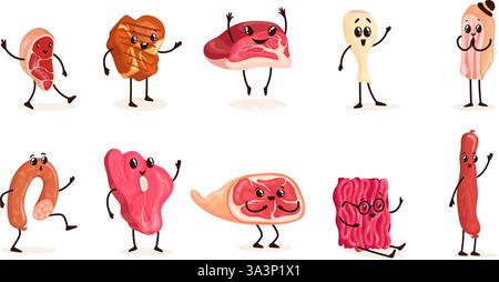 Personaggi della carne dei cartoni animati. Divertenti mascotte di carne macinata cruda, fetta di serpente di prosciutto di manzo di maiale salsicce wurst salame pollo gamba cibo carattere divertente con viso e mani set illustrazione vettoriale grafica originale Illustrazione Vettoriale