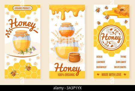 Volantini per il miele. Brochure pubblicitaria del prodotto a nido d'ape, biologico naturale dolce bio cibo sano barattolo apicoltura poster della fattoria cartoni animati cartoni animati illustrazione vettoriale ordinata grafica originale Illustrazione Vettoriale