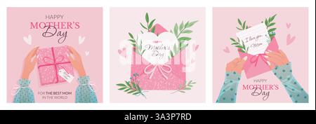 Set di biglietti d'auguri quadrati. Buona festa della mamma. Illustrazione Vettoriale