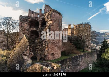 Castello di Heidelberg (Heidelberger Schloss), lato est con la Torre dell'Apothekerturm e il Campanile (Glockenturm), Heidelberg, Baden-Wuerttemberg Foto Stock