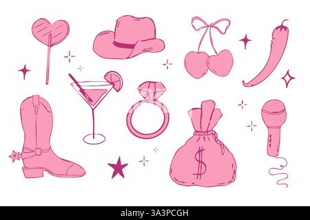 Coquette Wild West y2k bachelorette cowgirl party Collection, rodeo rosa occidentale con elementi da discoteca retrò. Cappello, cuore e stivali. Illustrazione vettoriale Illustrazione Vettoriale