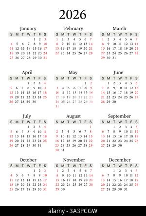 2026 verticale vettore calendario annuale, inizio domenica, progettazione pulita, modello stampabile Illustrazione Vettoriale