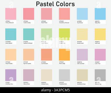 Tavolozza dei colori 24 colori pastello - freddo, caldo, neutro, toni chiari - con codici e nomi ESADECIMALI, schema dei colori e combinazioni Illustrazione Vettoriale