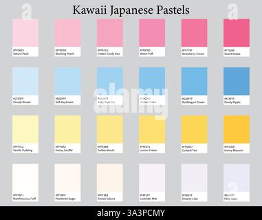 Tavolozza dei colori 24 colori pastello giapponesi Kawaii - caldo, rosa, blu bambino, toni gialli - con codici e nomi ESADECIMALI, schema dei colori e combinazioni Illustrazione Vettoriale