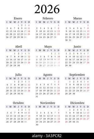 Vettore calendario annuale 2026 in verticale spagnolo, inizio lunedì, progettazione pulita, modello stampabile Illustrazione Vettoriale
