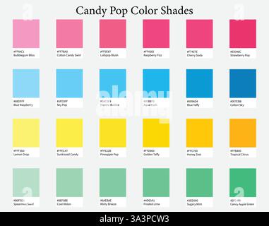 Tavolozza dei colori 24 colori Candy Pop: Brillante, energico, rosa brillante, blu, giallo, toni verdi - con codici e nomi ESADECIMALI, schema colori Illustrazione Vettoriale