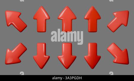Immagine vettoriale vibrante di frecce rosse 3D che raffigurano il movimento verso l'alto e verso il basso. Ideale per infografiche, presentazioni e suggerimenti di navigazione Illustrazione Vettoriale