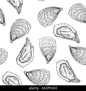 Pattern senza cuciture con ostriche vettoriali e capesante. Conchiglia a linea dipinta a mano. Clip art grafica isolata sullo sfondo. Illustrazione sott'acqua. Per Illustrazione Vettoriale