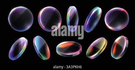 Cerchio olografico in vetro. Lente iridescente, disco trasparente colorato e piastra arcobaleno in cristallo. Effetto trasparenza cerchi in vetro con luce gradiente Illustrazione Vettoriale