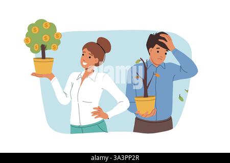 La differenza di reddito è dimostrata dall'albero del denaro nelle mani donna ricca che si trova vicino a un collega povero Illustrazione Vettoriale