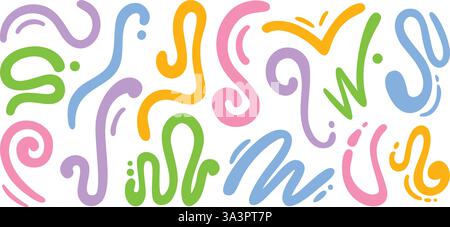Forme di linea organiche astratte. Spaghettoni fluidi e sinuosi, spaghetti ondulati, strisce di salsa e linee dinamiche. Squiggles colorate disegnate a mano Illustrazione Vettoriale