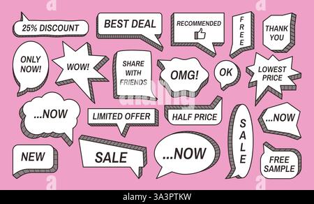 Cornici a bolla per la vendita. Forme fumettistiche con bordo estruso in 3d, frasi promozionali, sconti e offerte speciali. Bolle della finestra di dialogo Illustrazione Vettoriale