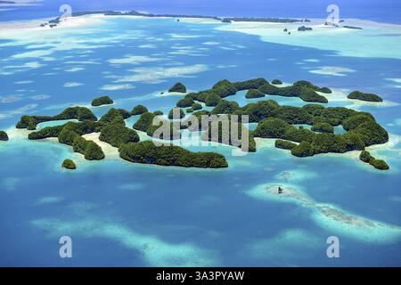 Vista aerea del paradiso delle Isole Rock nello stato dell'isola di Palau nel Pacifico occidentale, Repubblica di Palau, Micronesia, Australia, Oceani Foto Stock