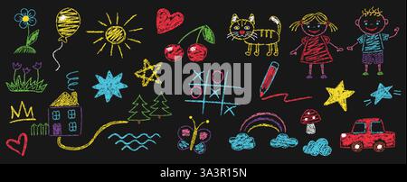 Disegni di doodle pastelli dei bambini. Fiori trafilati a mano, sole in gesso, arcobaleno e nuvola, abbozzo di casa, auto pastello e arte per bambini gatto. Lavagna Illustrazione Vettoriale