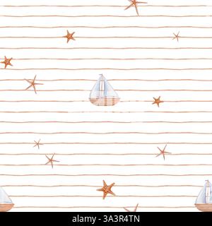 Motivo senza cuciture acquerello con stelle sottomarine e barca a vela su sfondo a righe per bambini. Sfondo nautico con stelle marine infantili per il bambino Foto Stock