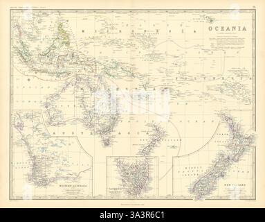 Oceania. Australia occidentale. Tasmania. Nuova Zelanda. 50 x 60 cm. Cartina JOHNSTON 1876 Foto Stock