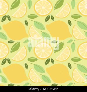Limoni senza cuciture con limoni interi, fette e foglie verdi su sfondo giallo Illustrazione Vettoriale