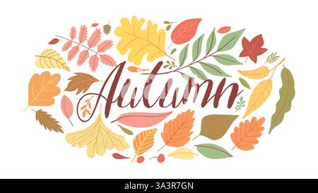 Le foglie autunnali sono colorate e dotate di testo autunnale, perfette per progetti di design stagionali Illustrazione Vettoriale