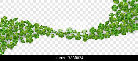 Foglie di trifoglio. Giorno di San Patrizio shamrock, 4 saint Irish Green Border o quattro portafortuna alle erbe primaverili. quadrifoglio verde fortuna 3d. Paesaggio botanico isolato su sfondo trasparente. Ripetizione vettoriale Illustrazione Vettoriale