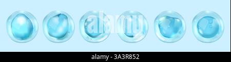 Cella d'acqua. Forma rotonda liquida 3D. Goccia di vitamina. Molecola cosmetica blu. Sfera della scienza del DNA. Sapone di bellezza per la pelle di vetro. Goccioline di siero. Bolla di liquido di collagene. Aqua blob. Set di elementi del cerchio vettoriale Illustrazione Vettoriale
