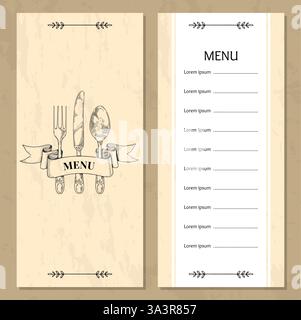 posate. Design del menu. Modello di copertina con spazio di copia. Elementi disegnati a mano. Disegnare il coltello e il cucchiaio della forca. Volantino o brochure per ristoranti o caffetterie. Testo assortimento alimenti. Illustrazione isolata vettoriale Illustrazione Vettoriale