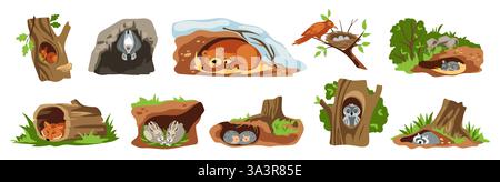 Animale sull'albero. Nido di uccelli della foresta. Vuoto come casa del gufo. Le creature della natura dei cartoni animati dormono nelle tane. Graziosa grotta boschiva. Volpi o orsi sognano nelle tane. Scoiattolo nel foro del tronco. Case di mammiferi selvaggi vettoriali Illustrazione Vettoriale
