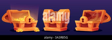 Petto aperto. scatola 3d, oro pirata o bagagliaio chiuso vuoto e pieno. Cassettiera in legno con serratura, luce magica e fantasia. Antica miniera. Monete d'oro. Cassetta dei soldi medioevale. Elemento ui isolato. Icone vettoriali Illustrazione Vettoriale