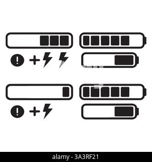 Icone della batteria, stato di carica, avvisi di batteria scarica Illustrazione Vettoriale