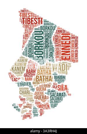 Cloud Word Ciad. Forma del paese con divisione della regione. Immagine in stile tipografico Ciad. I nomi delle regioni tag nuvole. Illustrazione vettoriale. Illustrazione Vettoriale