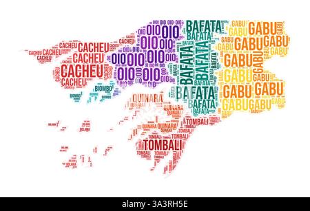Nuvola di parole della regione della Guinea-Bissau. Design a forma di paese. Illustrazione colorata Guinea-Bissau. Fumetto collage nomi regione. Illustrazione vettoriale. Illustrazione Vettoriale