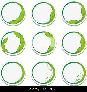 Imposta adesivi naturali con foglia. Illustrazione Vettoriale