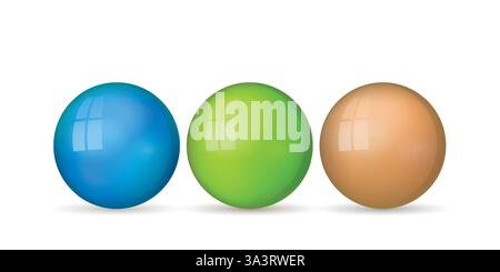 Set con palline colorate in vetro. Sfera realistica lucida, illustrazione vettoriale astratta 3D evidenziata su uno sfondo bianco. Grande bolla di metallo con ombra Illustrazione Vettoriale