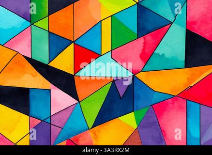 Sfondo luminoso e astratto di triangoli multicolori, motivo colorato ad acquerello per un design accattivante Foto Stock