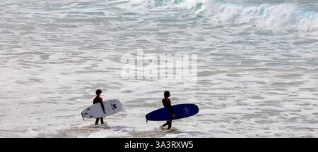 Due surfisti con tavole da surf che camminano in mare a Piedra Playa, El Cotillo, Fuerteventura, Isole Canarie, Spagna, Europa, UE Foto Stock