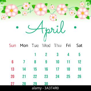 Calendario floreale verticale per aprile 2025 con margherite pasquali e piselli dolci, fiori e foglie di bellis. La settimana inizia domenica. Illustrazione vettoriale CA Illustrazione Vettoriale