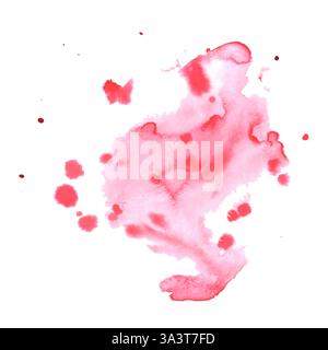 Macchia di acquerello rosa astratto con spruzzi di vernice. Macchie di vernice acquerello liquida su sfondo bianco. Sfondo testurizzato con schizzi. Foto Stock
