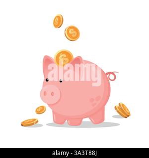 Piggy Bank con monete d'oro sopra di esso illustrazione. Risparmio e finanze per bambini. Illustrazione Vettoriale