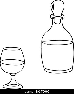Decanter cognac o caraffa e set di vetro. Illustrazione vettoriale disegnata a mano in stile doodle isolata su uno sfondo. Un semplice bianco e nero minimalista Illustrazione Vettoriale