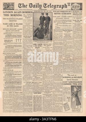 1940 front page Daily Telegraph di Londra è bombardato Foto Stock