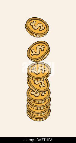 Monete d'oro. Set di icone del denaro. Valuta del dollaro in contanti. Moneta d'oro da un dollaro realistico. Profitti, investimenti e risparmi finanziari Illustrazione Vettoriale