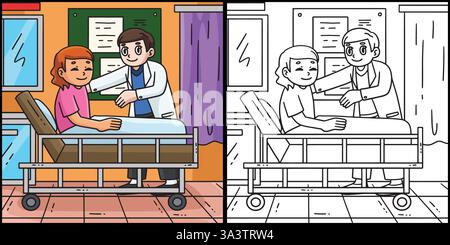 Illustrazione del medico che assiste il paziente seduto in posizione eretta Illustrazione Vettoriale