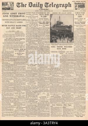 1940 prima pagina del Daily Telegraph finlandese ritiro dalla prima linea e HMS Exeter arriva a Plymouth Foto Stock