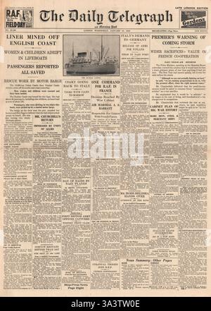 1940 front page Daily Telegraph affondamento del castello di Dunbar Foto Stock