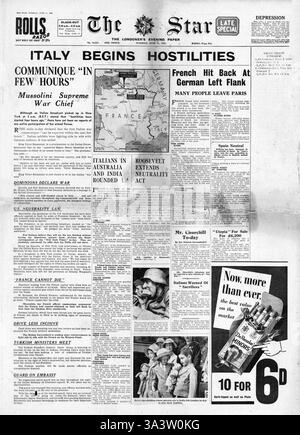 1940 pagina anteriore la stella (Londra) Italia dichiara guerra al alleati Foto Stock