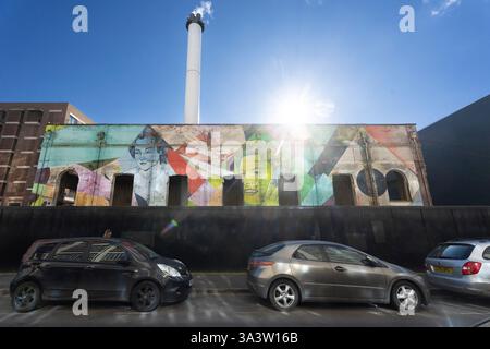 Murale di graffiti su una facciata dell'edificio, l'Old Vinyl Factory Festival Foto Stock