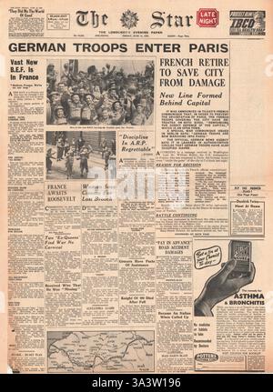 1940 pagina anteriore la stella (Londra) esercito tedesco entra a Parigi Foto Stock