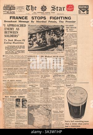 1940 pagina anteriore la stella (Londra) Francia smette di combattere Foto Stock